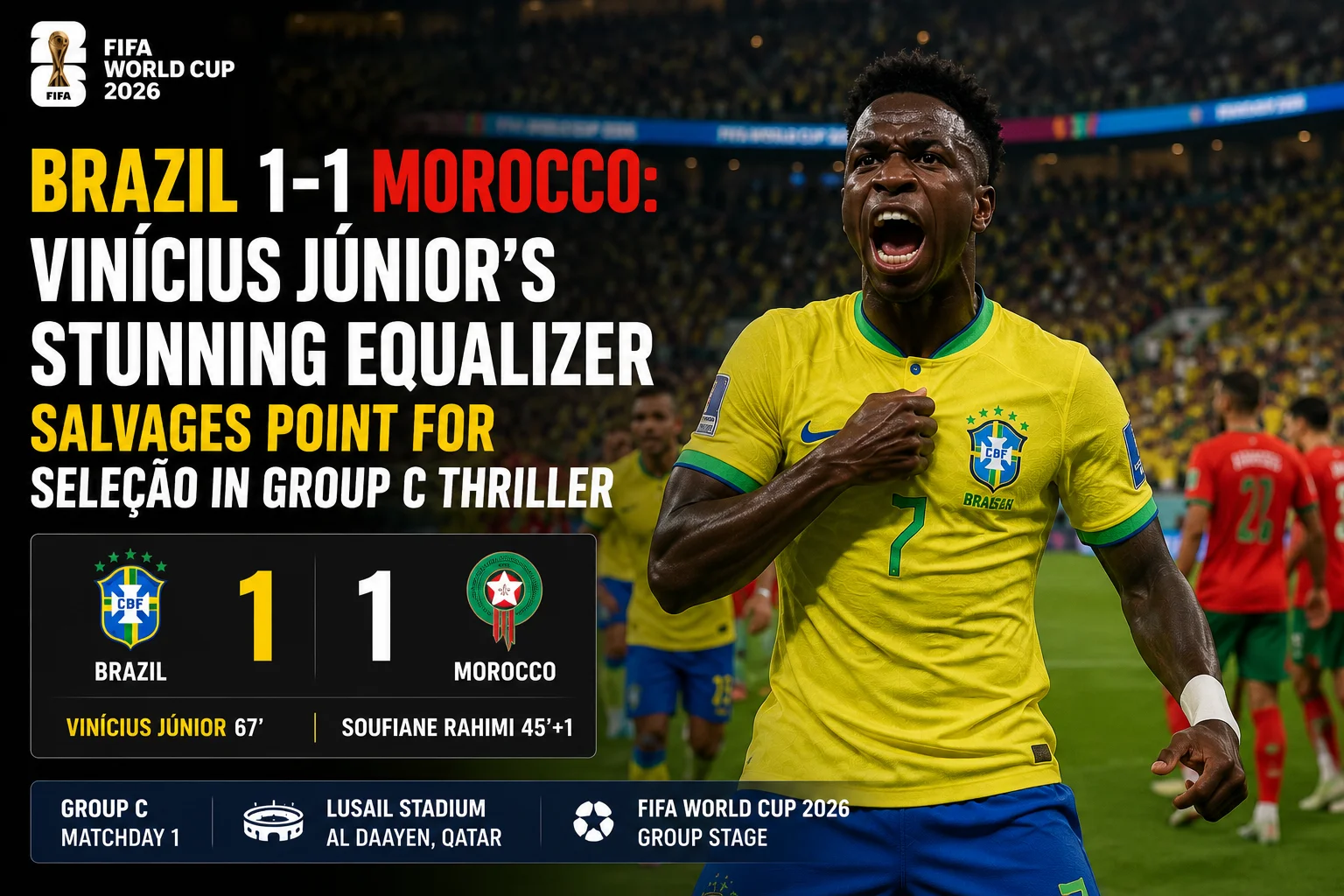 Brazil 1-1 Morocco: Vinícius Júnior's Stunning Equalizer Salvages Point for Seleção in Group C Thriller
