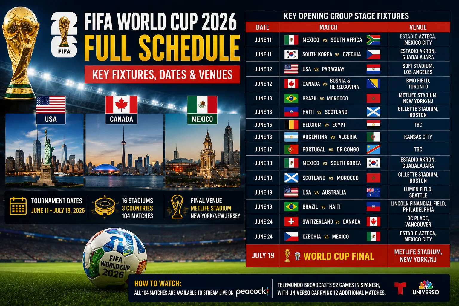 FIFA World Cup 2026 Full Schedule: Key Fixtures, Dates & Venues