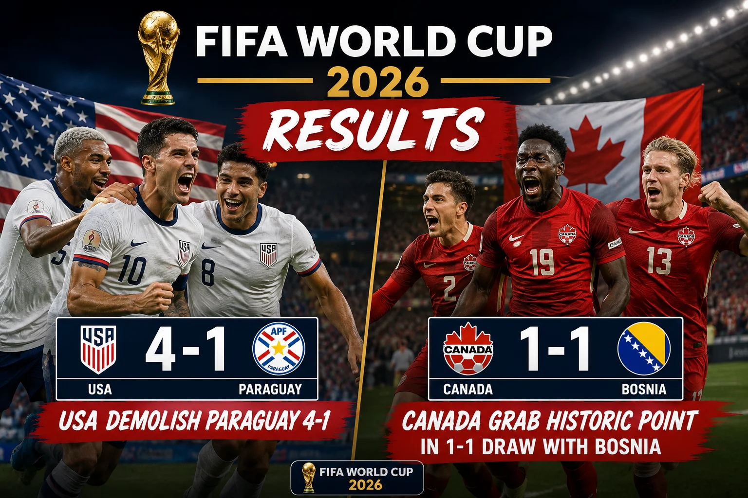 FIFA World Cup 2026 Results: USA Demolish Paraguay 4-1, Canada Grab Historic Point in 1-1 Draw with Bosnia