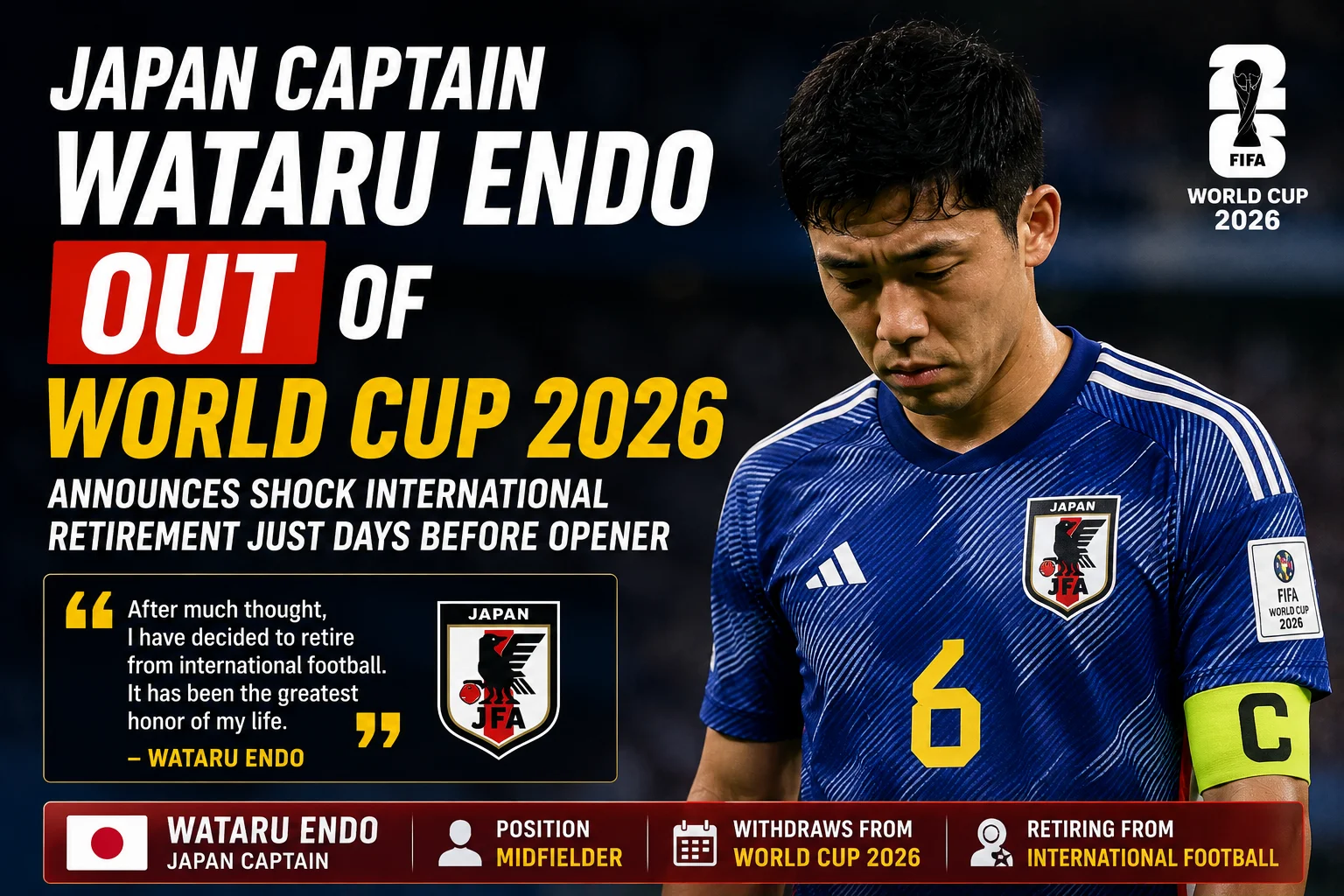 Japan Captain Wataru Endo OUT of World Cup 2026, Announces Shock International Retirement Just Days Before Opener