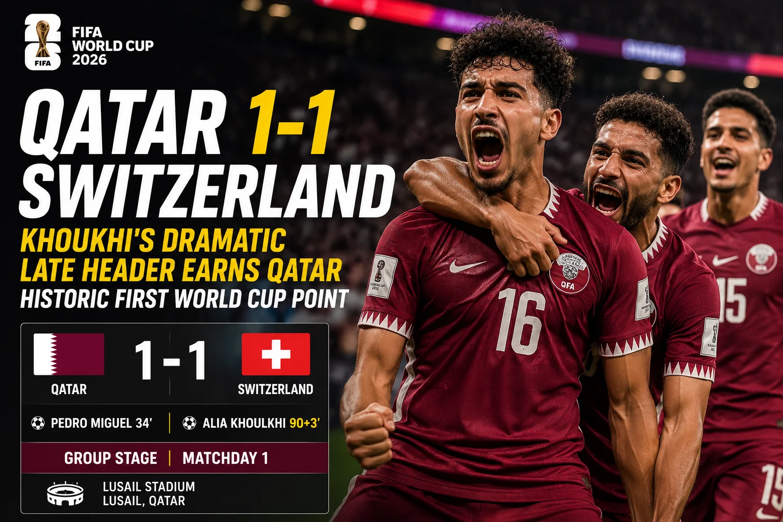 Qatar 1-1 Switzerland: Khoukhi's Dramatic Late Header Earns Qatar Historic First World Cup Point