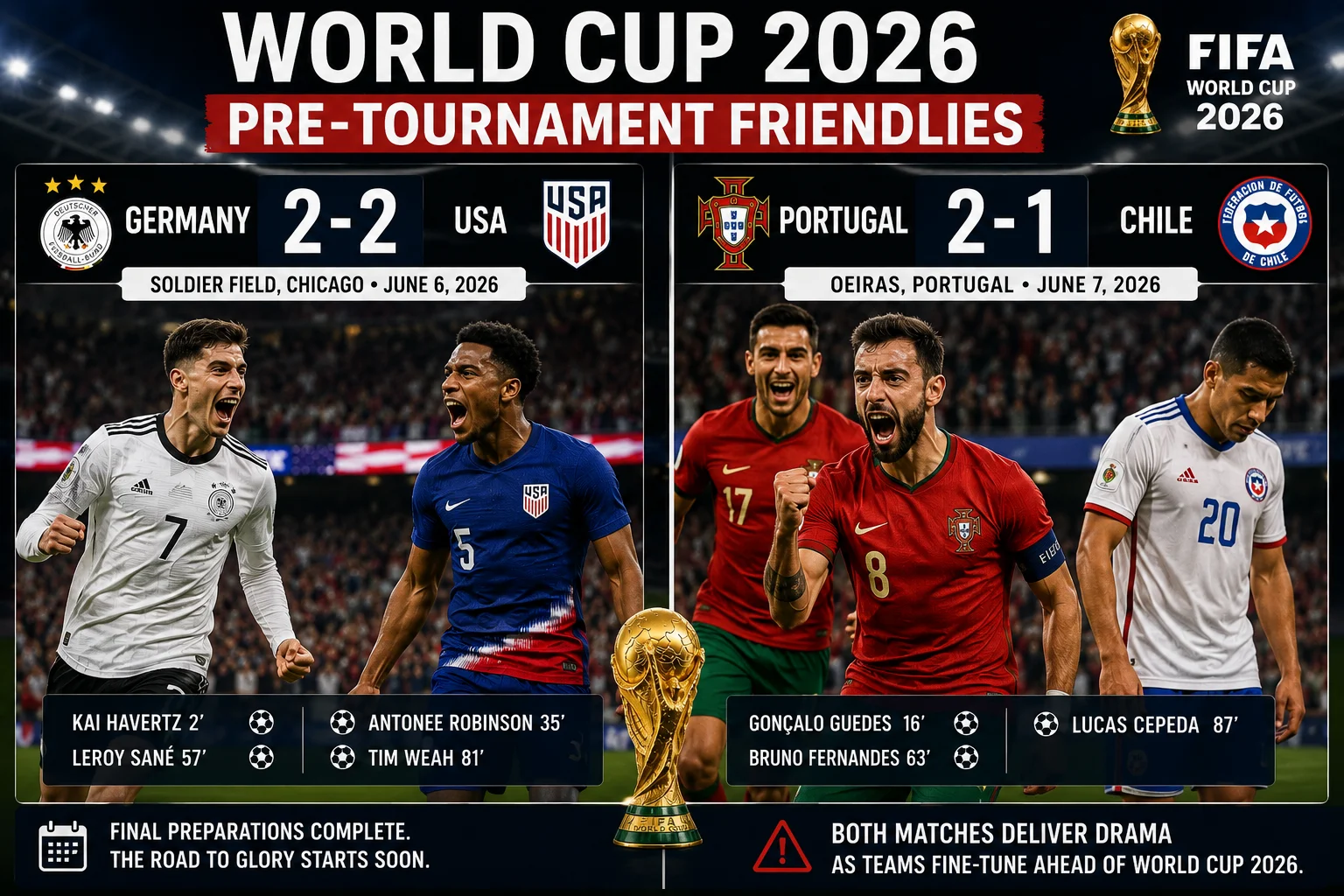 World Cup 2026 Pre-Tournament Friendlies: Germany 2–2 USA, Portugal 2–1 Chile